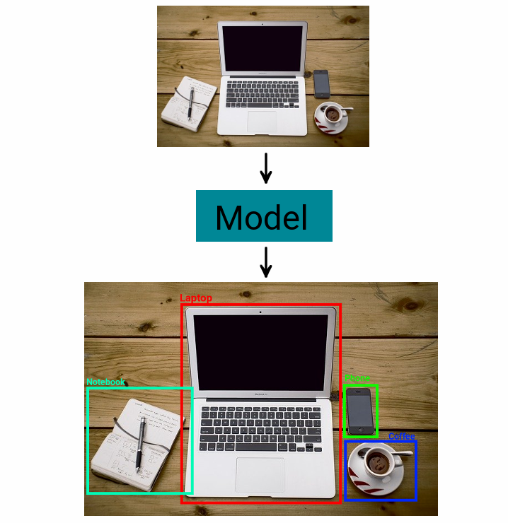 An image is fed to an object detection model which finds and labels the objects of interest in bounding boxes