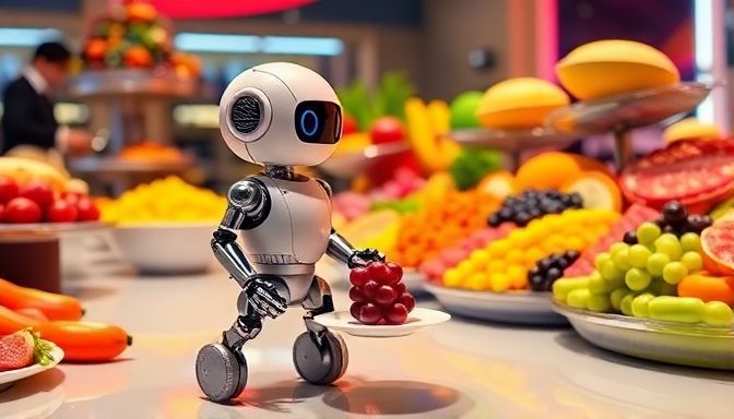 Robot frustrated at buffet with small plate