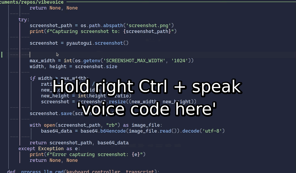 Demonstration of Vibevoice's AI Command Mode with screenshot context